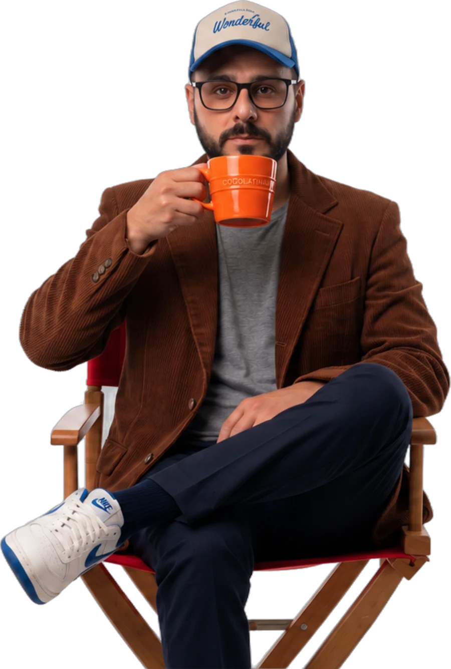 Douglas Fairbanks, diretor criativo da darv.studio, sentado numa cadeira de diretor tomando café